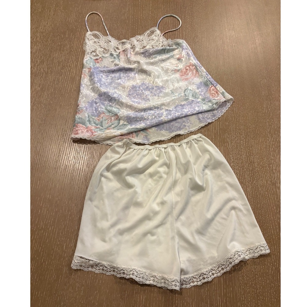 Vintage Formfit Rogers Satin Pajama Set Womens 4 Floral Lace Cami Shorts‎